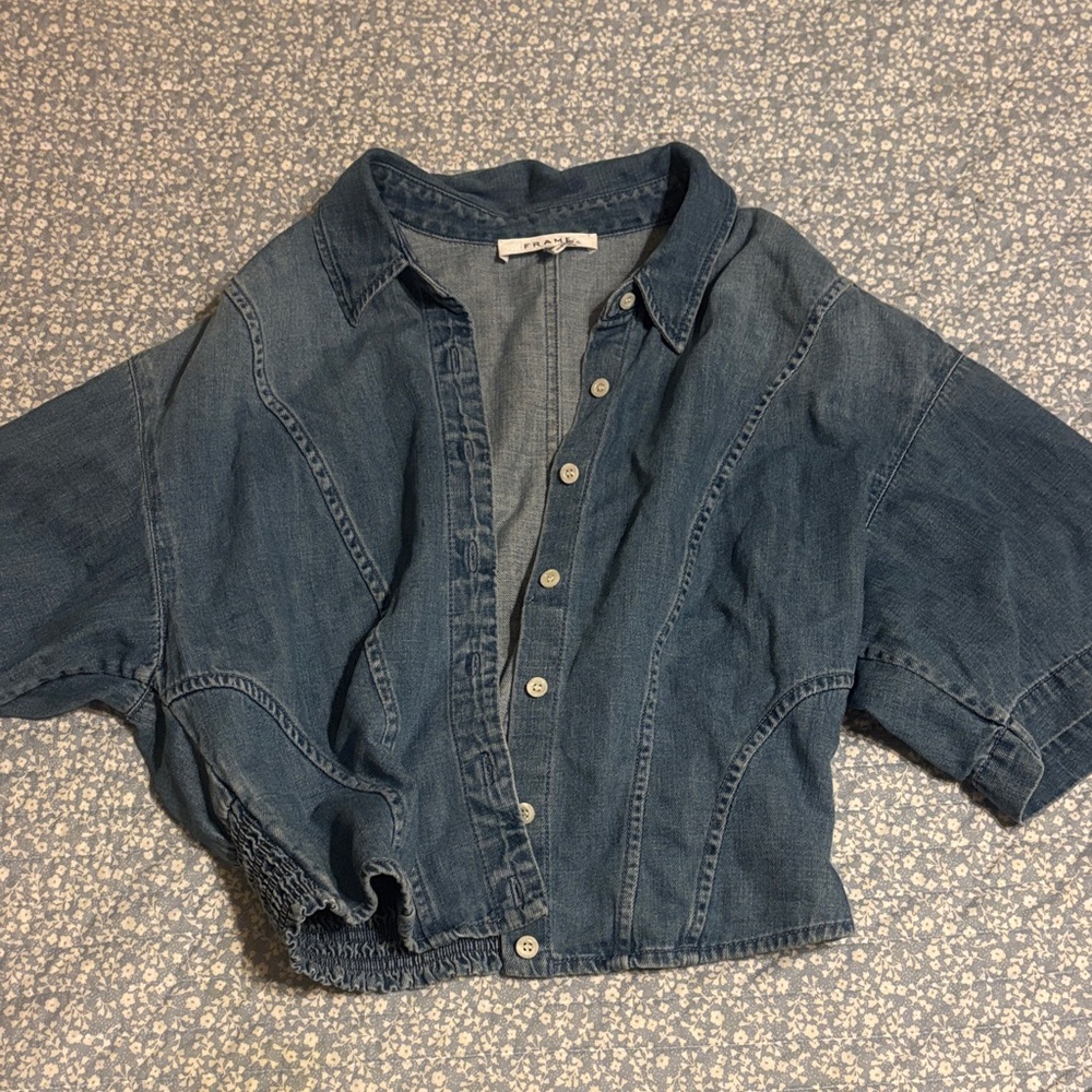 Frame Denim Washed Blue Cropped Button-Up Shirt